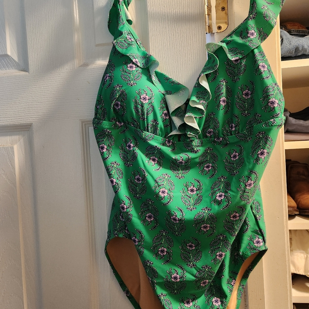 Jcrew ruffle shoulder V neck swimsuit
